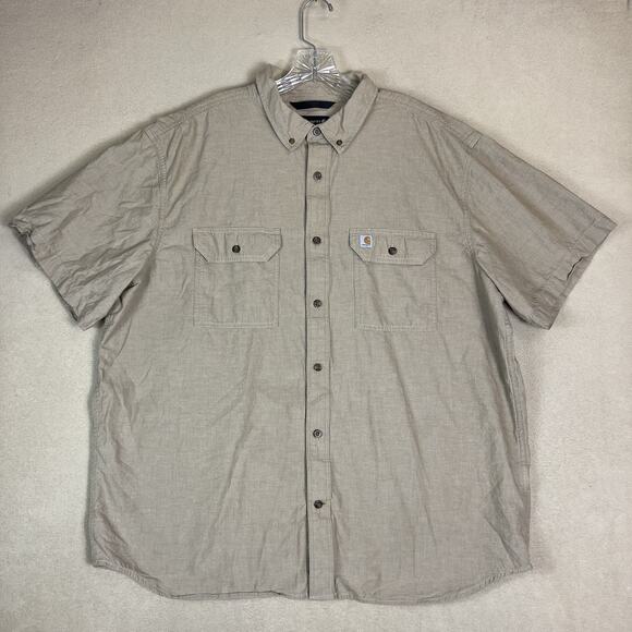Carhartt Shirt Mens 2XL Brown Relaxed Fit Chambray Short Sleeve Button Up - Picture 1 of 9